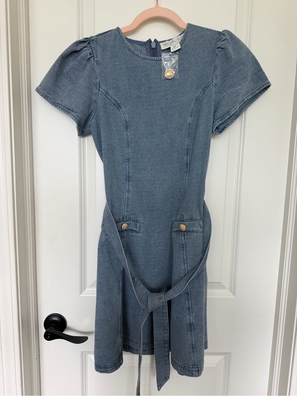 Rachel Zoe Soft Blue Denim Short Sleeve Dress with Tie Waist